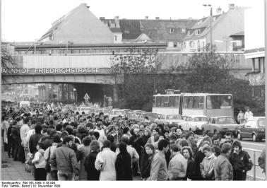 East Germans in line to travel to West Berlin at the Friedrichstrasse Border Crossing. November 10, 1989.